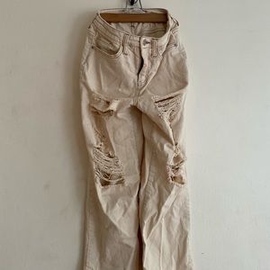 Cream Distressed Boyfriend Cut Denim